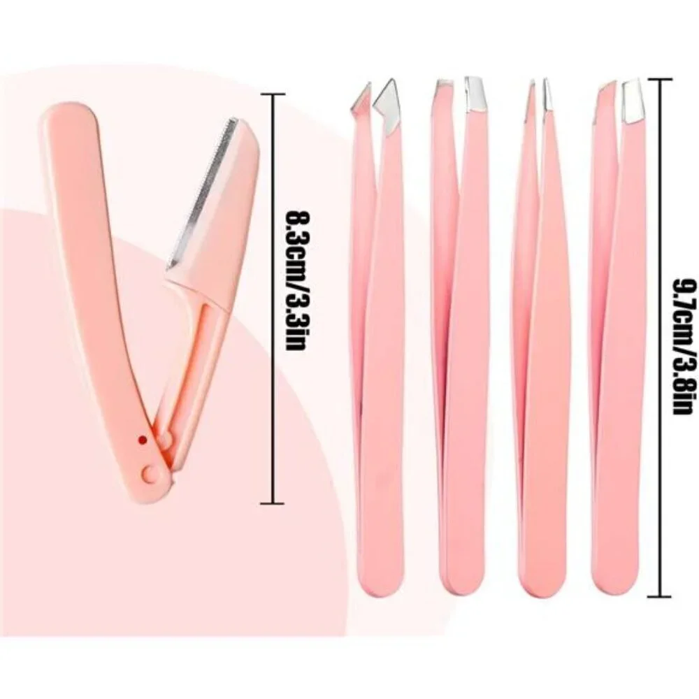 9-Piece Pink Eyebrow Grooming Kit Professional Tweezer & Razor Set With Case
